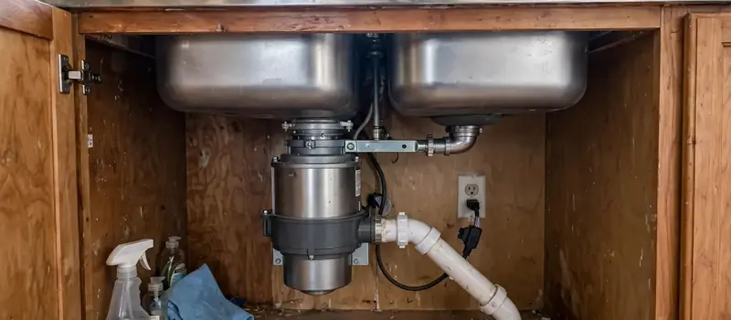 Garbage disposal mounted under a double kitchen sink with a drain line and a power cord