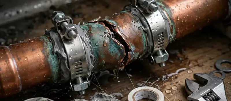 Split copper pipe held together with two stainless clamps, with a wrench and tape beside it