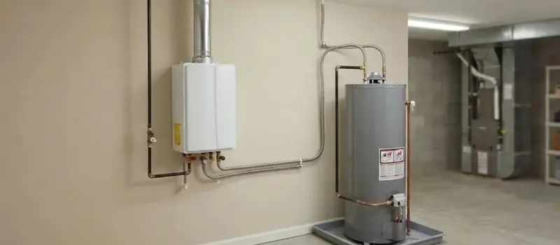 Tankless water heater and tank water heater with copper supply pipes in a finished garage