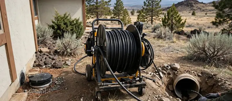 Sewer camera reel and cable at an open cleanout in a dry yard with shrubs beside a house wall