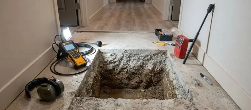Square hole in a concrete floor with a leak detection meter and hearing protection on the floor nearby