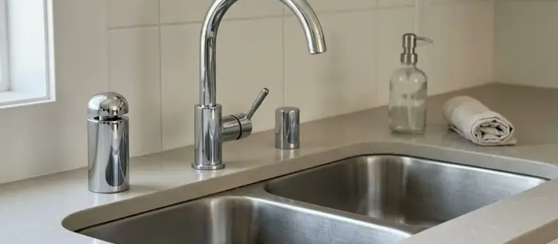 Double stainless kitchen sink with a chrome faucet and dishwasher air gap on a stone counter