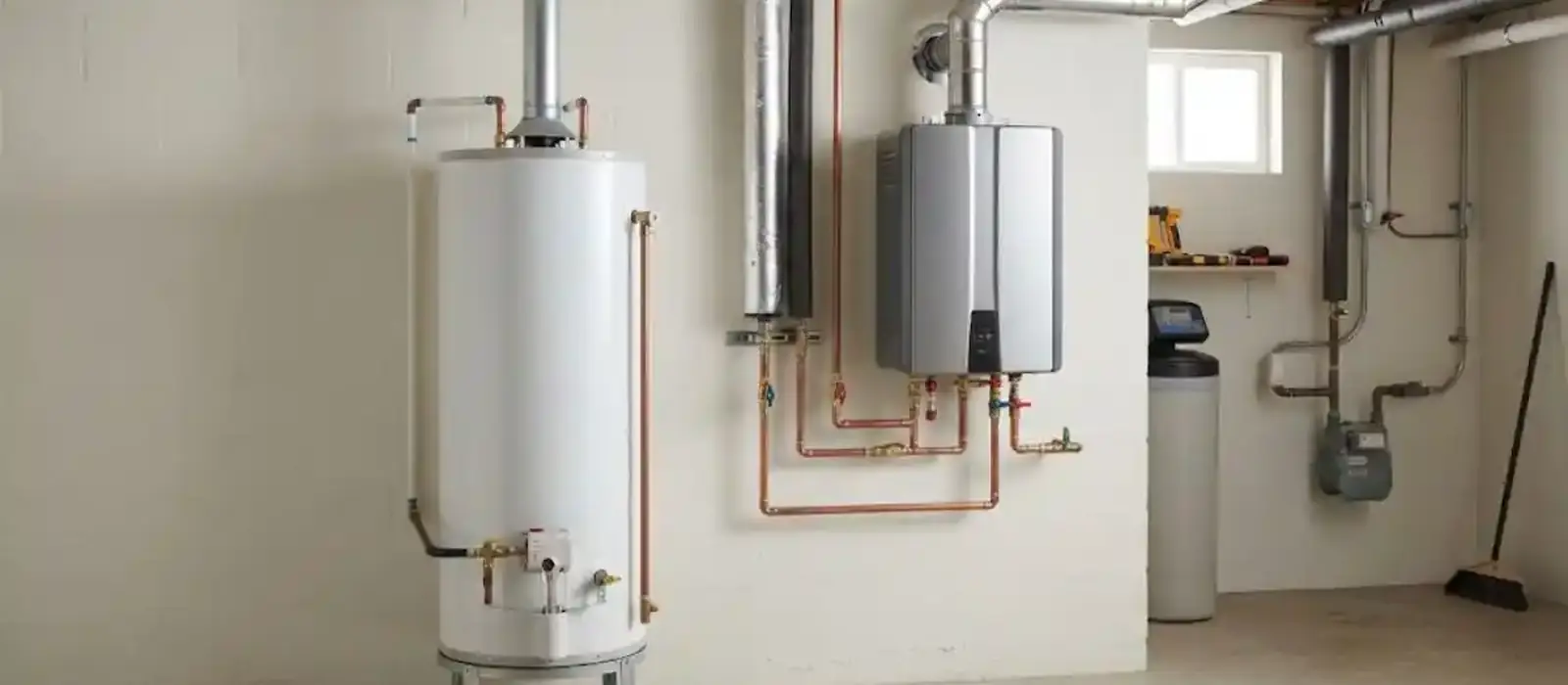 Silver wall-mounted tankless water heater beside a white tank water heater and a water softener