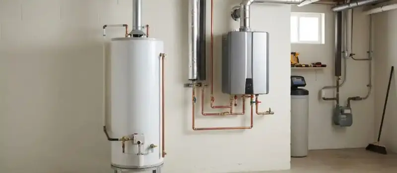 Silver wall-mounted tankless water heater beside a white tank water heater and a water softener