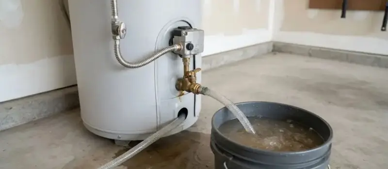 Garden hose running from a water heater drain valve into a gray bucket of rusty flush water