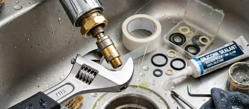 Faucet cartridge parts, rubber washers and sealant laid out beside a stainless sink drain