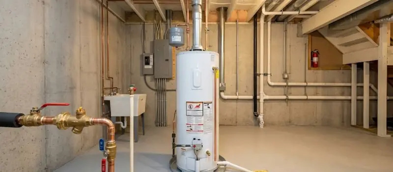 Gas tank water heater in a utility room with new copper supply piping and a drain pan