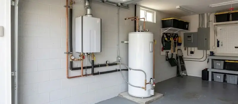 Tankless and tank water heaters installed side by side on a garage wall with copper piping