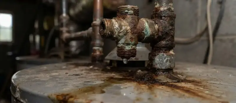 Rust and mineral buildup around the fittings on top of a tank water heater