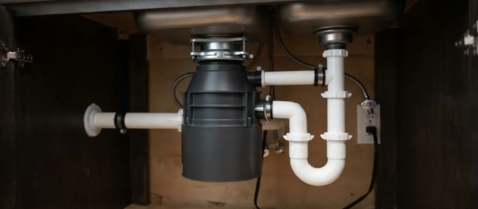 Garbage disposal and white P-trap under a kitchen sink cabinet