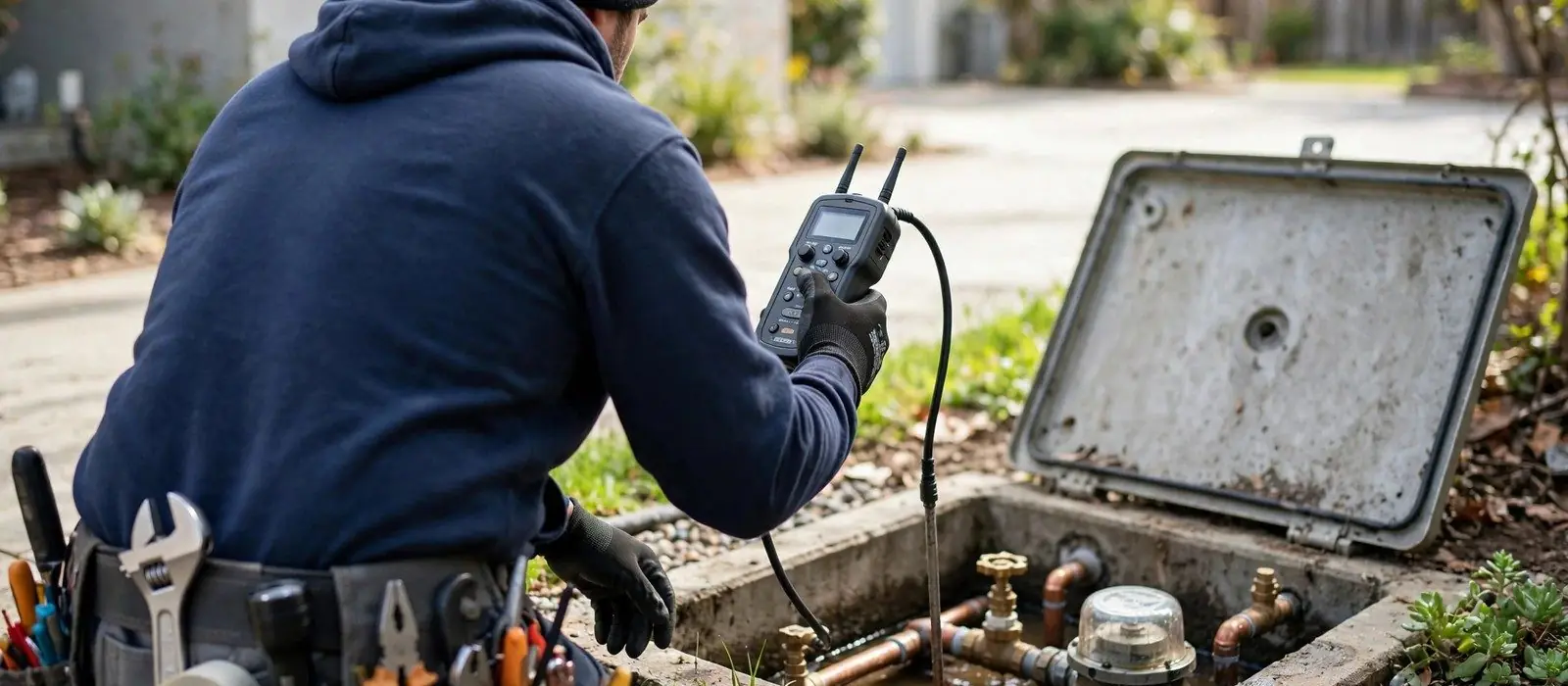 Technician in a hooded jacket testing the water meter box in a front yard with a handheld leak detector