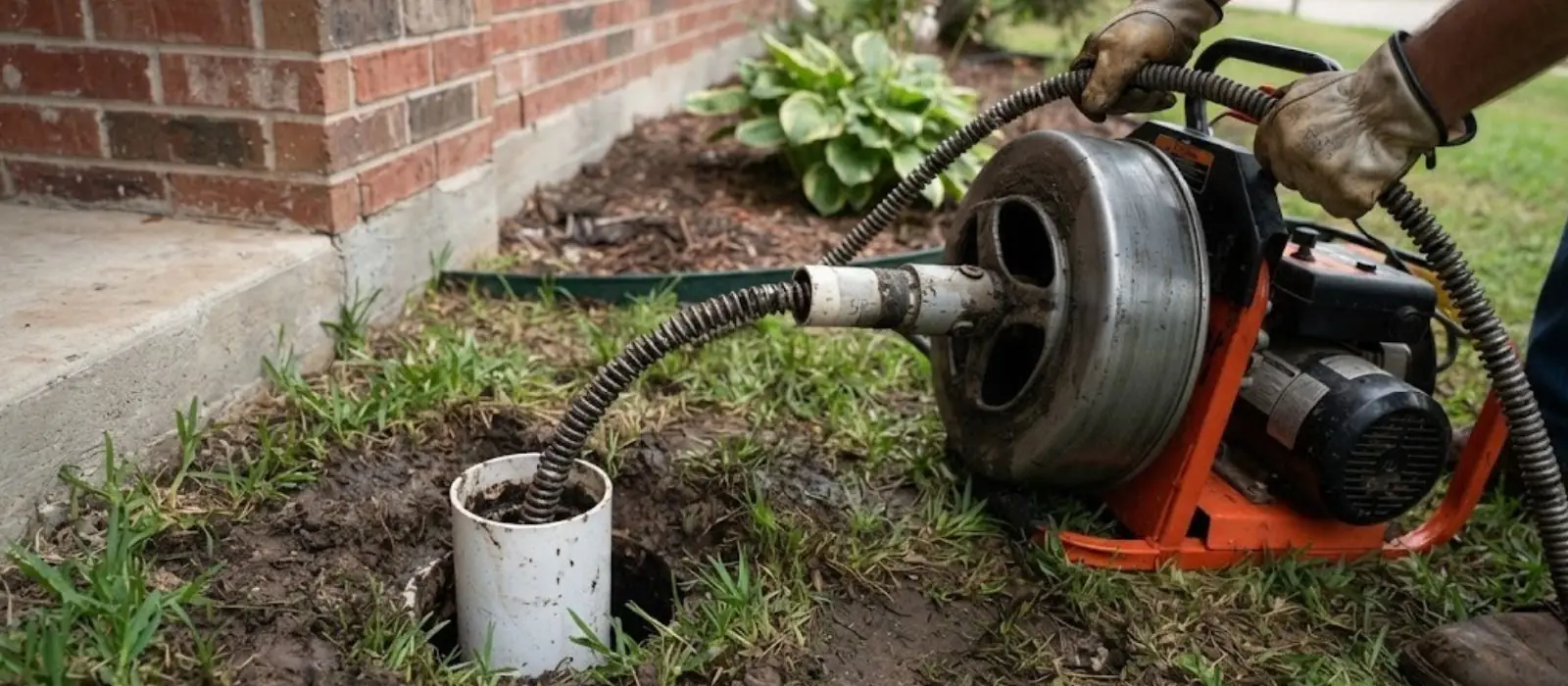 Motorized drain cleaning machine feeding a cable into an outdoor sewer cleanout beside a brick house
